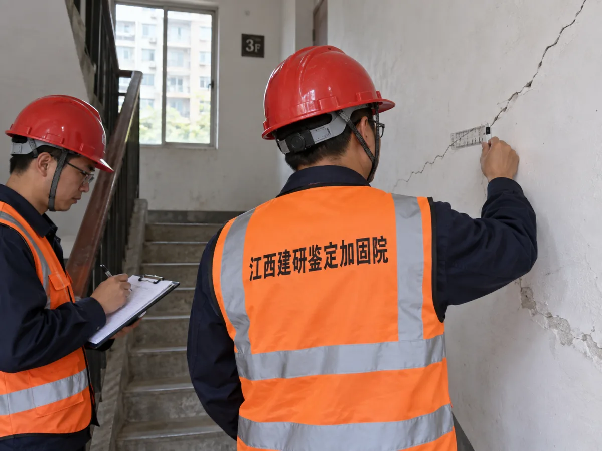 江西建研鉴定加固院技术人员开展住宅墙体裂缝检测